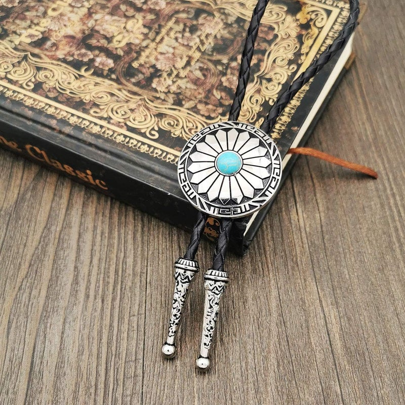 YOQUCOL Vintage American Western Cowboy Indian Art Stone Genunie Leather Bolo Tie For Men Women - Image 3